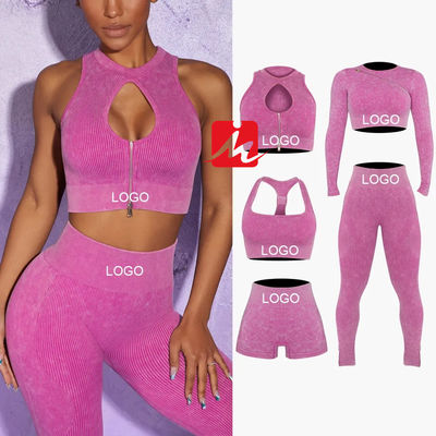 মহিলাদের 5 পিস স্পোর্টস ব্রা এবং লেগিংস সিমলেস রিবড ফিটনেস সেট স্পোর্টসওয়্যার